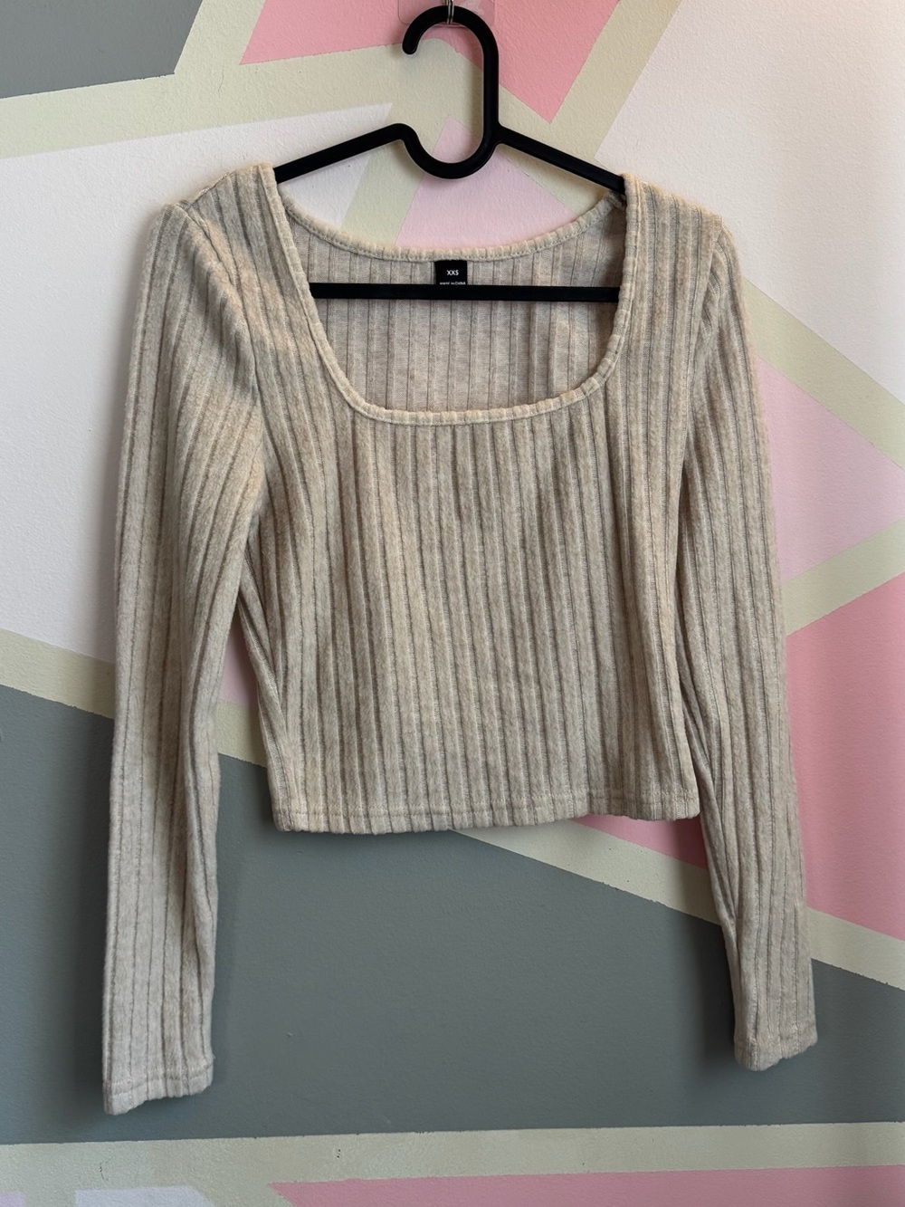 SHEIN Beige Ribbed Long Sleeve Square Neck Top